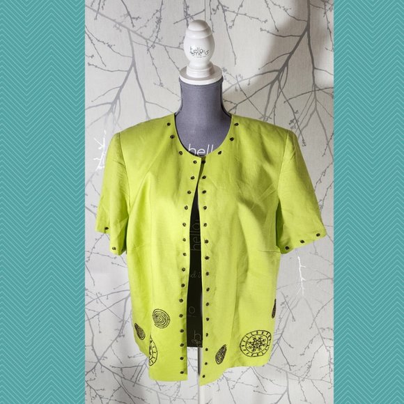 Jessica Howard VTG Highlighter Green Linen Blend Beaded Jacket - Picture 1 of 5